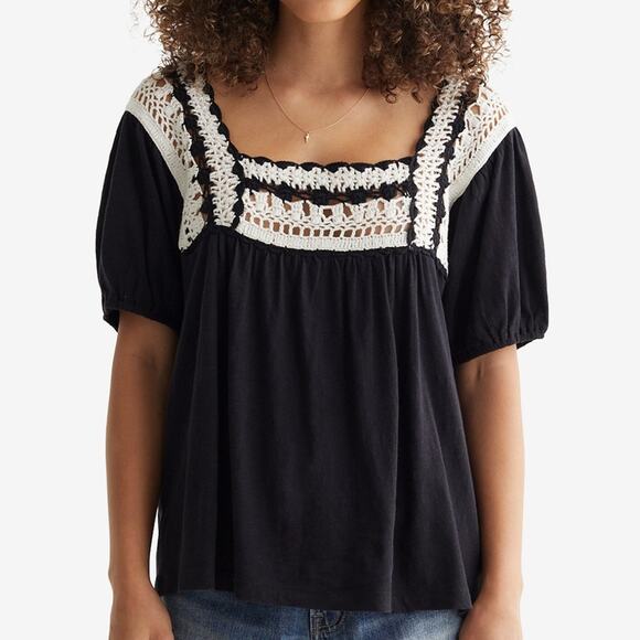 Lucky Brand NWT Boho Crocheted Neckline T-Shirt Short Puff Sleeve Black/White XS - Picture 1 of 4